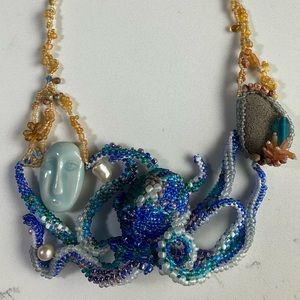 Bold statement piece beaded octopus necklace hand crafted wearable art crystals